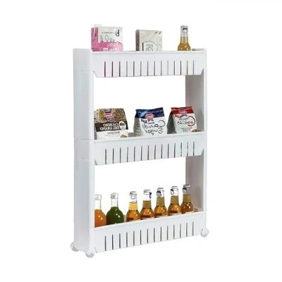 Image of 3 or 5 Tier Storage Trolley Cart, Slim Rolling Utility Cart Mobile Shelving Organizer for Kitchen, Bathroom, Laundry Room, Bedroom, Narrow Places, Plastic, White (3 Tier)
