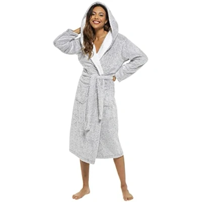 Image of KATE MORGAN Ladies Dressing Gown Fluffy Super Soft Hooded Bathrobe for Women Plush Fleece Perfect Loungewear Long Robe Gifts S Grey