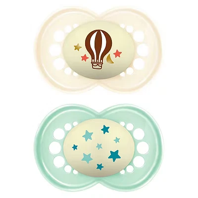 Image of MAM Original Night Soother 16+ Months (Pack of 2), Sustainable Baby Soother, SkinSoft Silicone Teat, Glow in the Dark Cream (Designs May Vary)