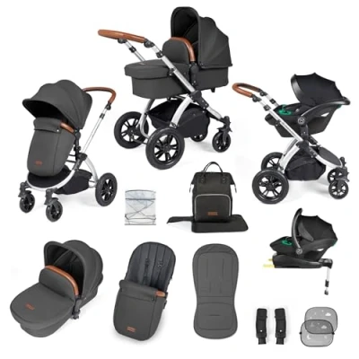Image of Ickle Bubba Stomp Luxe All in One I Size Travel System with Isofix Base (Stratus) Silver/Charcoal Grey/Tan
