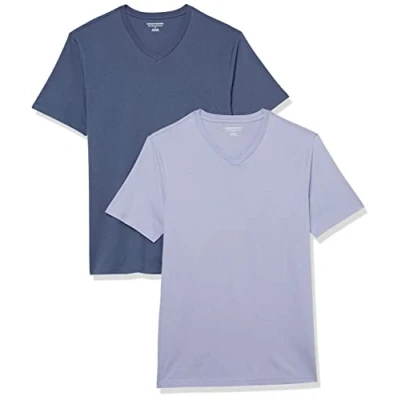 Image of Amazon Essentials Men&#039;s T Shirt Slim Fit Short Sleeved V Neck, Pack of 2, Dark Blue/Lavender, S