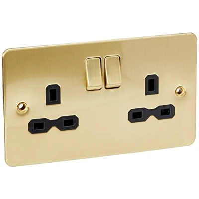 Image of Knightsbridge FPR9000BB Flat Plate 13A 2G DP Switched Socket Brushed Brass with Black Insert, 230 V