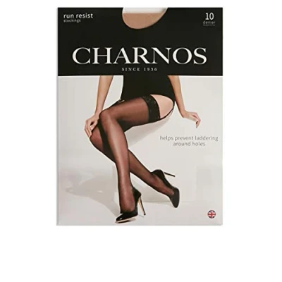 Image of 1 Pair Natural Tan 10 Denier Run Resist Lace Top Stockings Ladies Large Charnos