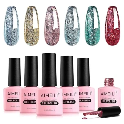 Image of AIMEILI 6 Colors Christmas Glitter Gel Nail Polish Shiny Chunky Soak Off U V Sparkly Art Manicure Varnish Set 8ml Gift Kit 56