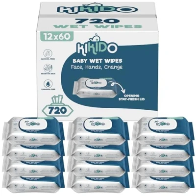Image of Kikido Baby Wipes Multipack 720 Wet (Box with 12 Packs of 60) Gentle Formula for Sensitive Skin, Lightly Fragranced, Alcohol Free Lid Freshness Saving Opening