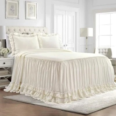 Image of Lush Decor Ella Shabby Chic Ruffle Lace Bedspread Ivory Farmhouse Style Lightweight 3 Piece Set Queen, Polyester
