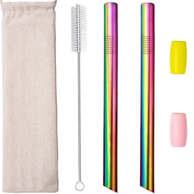 Image of Bubble Tea Straw Metal Reusable Stainless Steel Straws 12mm Wide for Boba Smoothie Jumbo Milkshakes Tapioca Pearl with Silicone Tips Carry Bag Cleaning Brush 2 Pcs