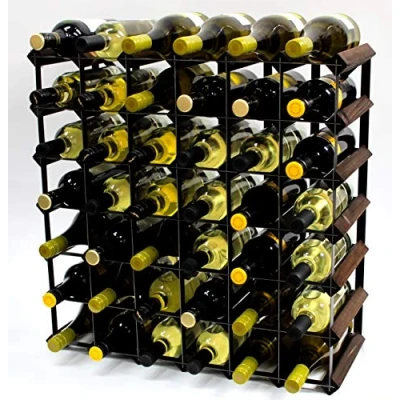 Image of Classic 42 Bottle Dark Oak Stained Wood and Black Metal Wine Rack Ready Assembled