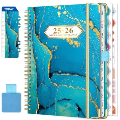 Image of Diary 2025 2026 Week to View A5 Academic July June (12 Months) Planner with Self adhesive pen loop, Ruler Bookmark &amp; Stickers (Blue)