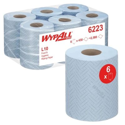 Image of WypAll L10 Food &amp; Hygiene Wiping Paper 6223 1 Ply Centrefeed Blue Roll 6 Rolls x 430 Wipes (2,580 Total)