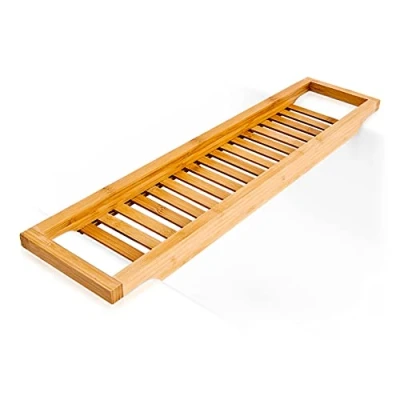 Image of Relaxdays Bamboo Bathtub Caddy, Wooden Bathroom Rack, 4 x 64 15 cm, Over The Tub Storage Tray, with Rails, Natural Brown