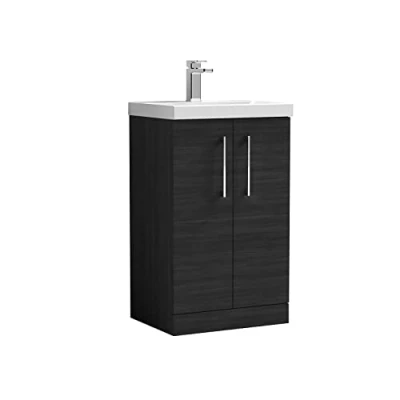 Image of nuie ARN601D Arno Modern Bathroom Floor Standing 2 Door Vanity Unit with Thin Edge Ceramic Basin, Woodgrain Charcoal Black