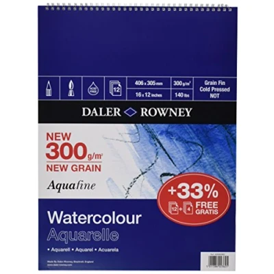 Image of Daler Rowney Aquafine Textured Cold Pressed Watercolour &amp; Gouache 300gsm 16 x 12in Paper Spiral Pad, Natural White, 12 Sheets, Ideal for Professional Beginner Artists, Acid Free
