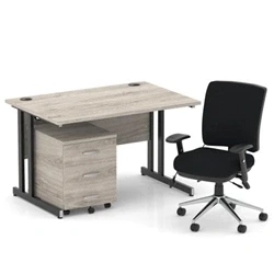 Image of Impulse 1200 Desk Gry Oak/Black Cantilever 3 Dr Mobile Ped Black Chair