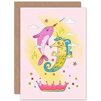 Image of Wee Blue Coo Unicorn Seahorse Narwhal Magic Greeting Card With Envelope Inside Premium Quality