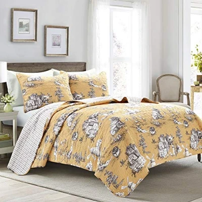 Image of Lush Decor French Country Toile Cotton Reversible 3 Piece Quilt Set, Yellow/Gray, King