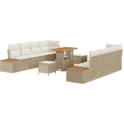 Image of vidaXL 11 Piece Garden Sofa Set with Cushions Beige Poly Rattan Acacia