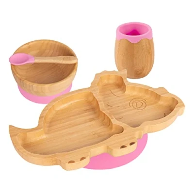 Image of Tiny Dining Dinosaur Bamboo Suction Baby Feeding Set Pink 4pc