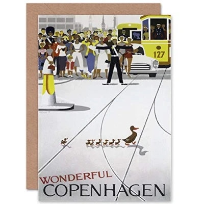 Image of Wee Blue Coo TRAVEL COPENHAGEN SMILING DUCK ADVERTISING RETRO GREETINGS CARD