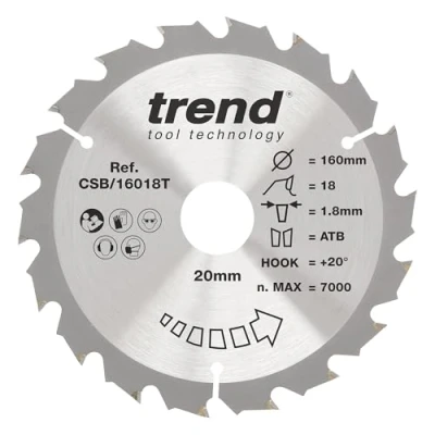 Image of Trend Wood Cordless Circular Saw Blade, 160mm Diameter, 20mm Bore, 18 Teeth, 1.8mm Kerf, +20 Hook, TCT, Coarse Finish, CSB/16018T
