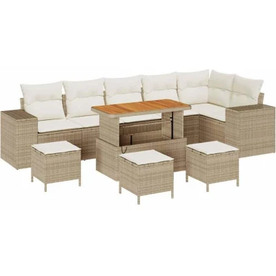 Image of vidaXL 10 Piece Garden Sofa Set with Cushions Beige Poly Rattan Acacia