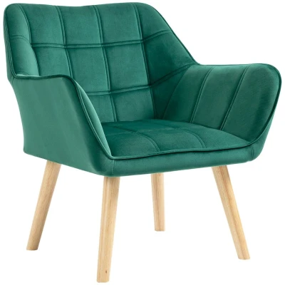 Image of HOMCOM Armchair Accent Chair, Vanity Chair with Wide Arms, Slanted Back, Padding, Metal Frame, Wooden Legs, Home Bedroom Furniture Seating, Green