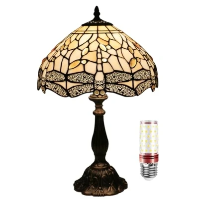 Image of Uziqueif BeigeTiffany Lamps,12 inch Stained Glass Lamp, Vintage Tiffany Style Dragonfly Table Lamps for Living Room Bedroom Library