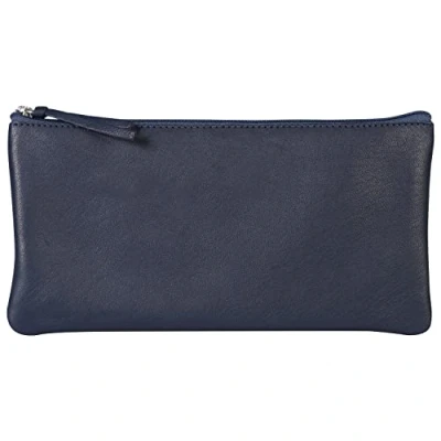 Image of Clairefontaine Ref 410167C Coloured Leather Flat Pencil Case 22 x 11cm, Made From Genuine Lambskin Leather, Metal Zip With Puller Dark Blue