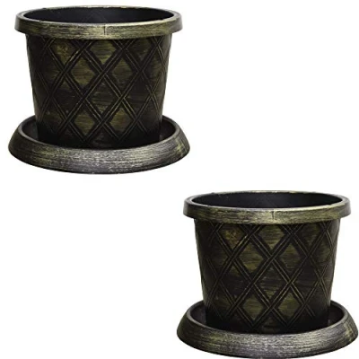 Image of Stylish Garden Large Patio Pot &amp; Saucer Stunning black and gold lattice effect Ideal for planting flower plugs shrub vegetables 2 x 39cm Pots Saucers by Thompson Morgan