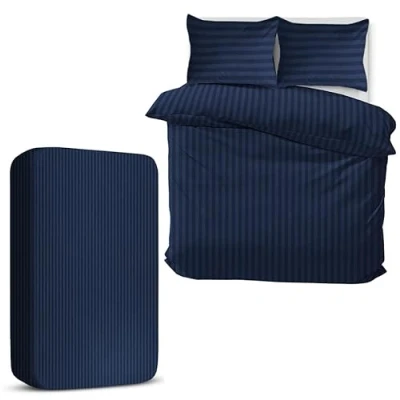 Image of MOONLIGHT20015 Double Duvet Set 4 Piece Satin Stripe Cover Sets Soft Brushed Microfiber Bedding with Fitted Sheet &amp; 2 Pillow Cases (Navy, 200x200 cm)