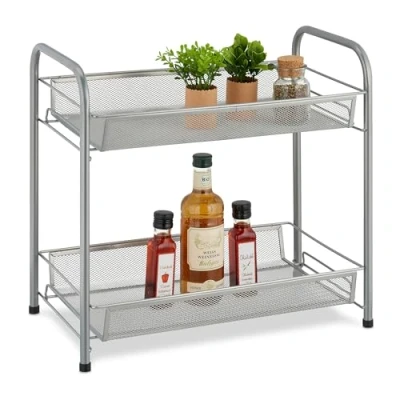 Image of Relaxdays Spice Rack, 2 Levels, Table Kitchen &amp; Bathroom, Make Up, Perfume, Metal Shelf, 44.5x48x27cm, Silver, Steel, 44.5 x 48 27 cm