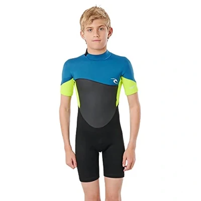 Image of RIP CURL Junior Boys Omega 1.5mm Back Zip Spring Shorty Wetsuit Neon Lime Easy Stretch E5 Neoprene construction