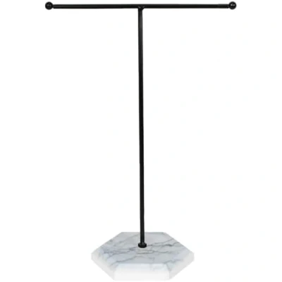 Image of JJiaoLinin Jewellery Organiser Stand, Hanging Jewelry Organizer, Metal T Bar Necklace Display Stand with Marble Pattern Tray, Storage for Bracelets, Earrings, Rings, Chains (White + Black)