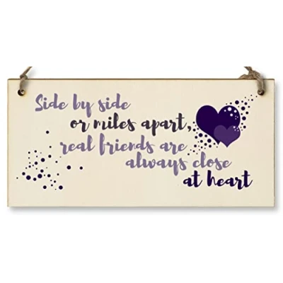 Image of Handmade Wooden Hanging Wall Plaque Side by Miles Apart Friends Close at Heart Sentimental Friendship Gift