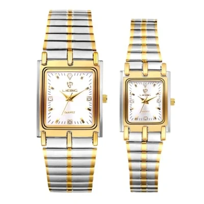 Image of JewelryWe Gold Square Couple Watches: Analog Quartz Waterproof Stainless Steel Casual Dress Wristwatch for Men Women