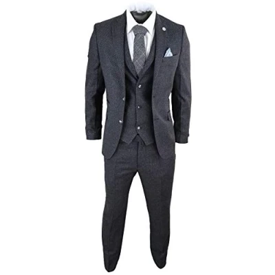Image of Mens Wool 3 Piece Suit Tweed Charcoal Black Tailored Fit Classic