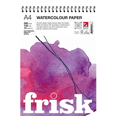 Image of Frisk Watercolour Paper Spiral 300gsm Hot Pressed/Smooth 12sheets A4, White