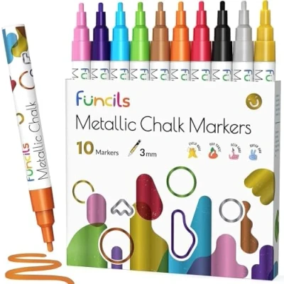 Image of Funcils Metallic Liquid Chalk Pens for Chalkboard Signs, Blackboard, Window, Labels, Bistro, Glass, Car (10 Pack, 3mm) Wet Wipe Erasable Ink Board Markers, Reversible Tip Markers