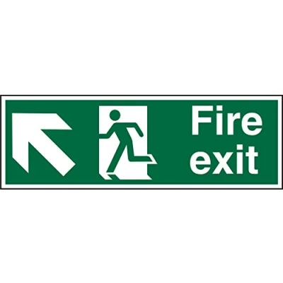Image of Seco Fire Exit Arrow Pointing Up &amp; Left, Man Running Sign, 300mm x 100mm 2mm Prestige Acrylic
