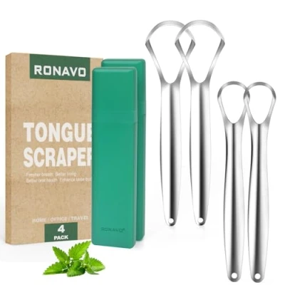 Image of RONAVO Tongue Scraper Cleaner for Adults and Kids, with Travel Handy Case, Professional Tough Healthy Oral Care, Fight Bad Breath, Easy to Use &amp; Wash, 2 Size (4 PC)