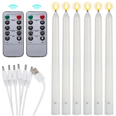Image of Pack of 6 LED Taper Candles, Rechargeable Flameless Candles with 2 Timer Functions, Remote Control, 27 x 2.2 cm Flickering Touch Switch for Christmas Decoration, Room