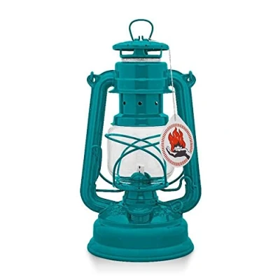 Image of Feuerhand 276 Outdoor Hurricane Oil Lantern German Made Since 1893, Paraffin Lamp with Galvanized Steel, Rust Resistant Kerosene, 300ml Tank, 20 Hour Burn, Safe Hanging or Table Use, Teal Blue