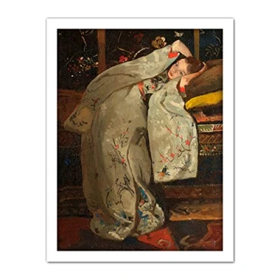 Image of Artery8 Breitner Girl In A White Kimono Painting Artwork Framed Wall Art Print 18X24 Inch