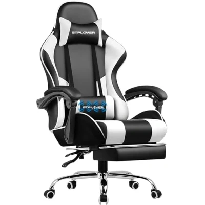 Image of GTPLAYER Gaming Chair, Massage Ergonomic Computer Chair with Footrest and Lumbar Support Height Adjustable 360 Swivel Seat Headrest for Office White