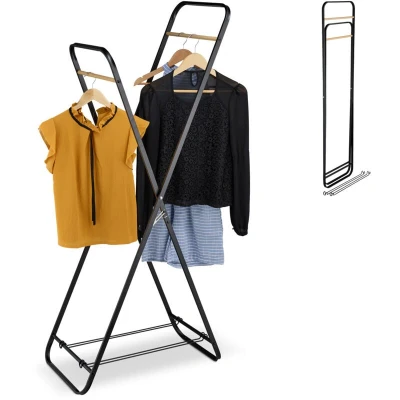 Image of Relaxdays Clothing Rack with Shoe Shelf, HWD 152x67x44 cm, 2 Rails, Folding Coat Stand, Freestanding, Metal, Black/Brown, Iron
