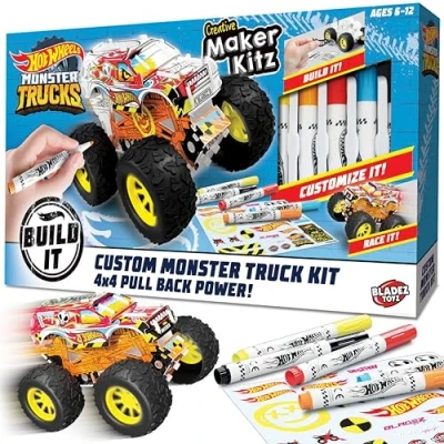 Image of BLADEZ Hot Wheels Toyz Make Your Own Monster Truck Art Set for Kids 6 12 with Markers &amp; Stunt Ramp Hotwheels Kit Play Colouring Sets STEM Learning Customizable Eco Friendly