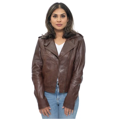 Image of Infinity Ladies Retro BRANDO 442 Chestnut Brown Biker Casual Soft Nappa Leather Jacket (10)