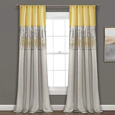 Image of Lush Decor Night Sky Window Curtain Panel for Living, Bedroom, Dining Room (Single Curtain), 42&quot; W x 84&quot; L, Yellow &amp; Gray