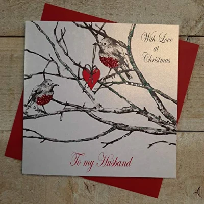 Image of white cotton cards With Love Husband, Handmade Christmas Card (Robin)