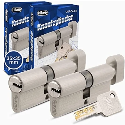 Image of GERCAR Pro Knob Cylinder 35/35 Solid Locking Simultaneous with Set of 2 Lock Made Matt Nickel Plated Brass Includes 10x Reversible Keys Length: 70 mm, A:35